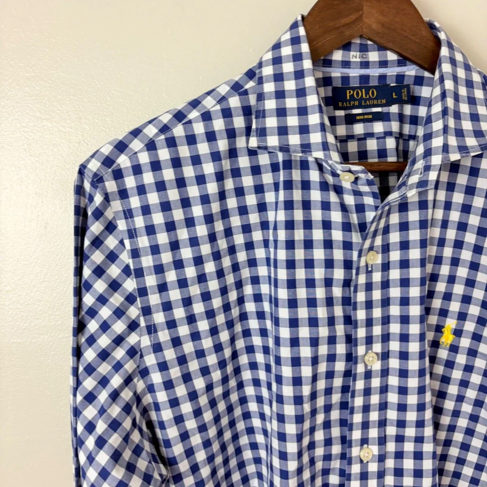 Polo Ralph Lauren Men's‎ L Non Iron Blue Gingham Plaid Check Button Down Shirt
